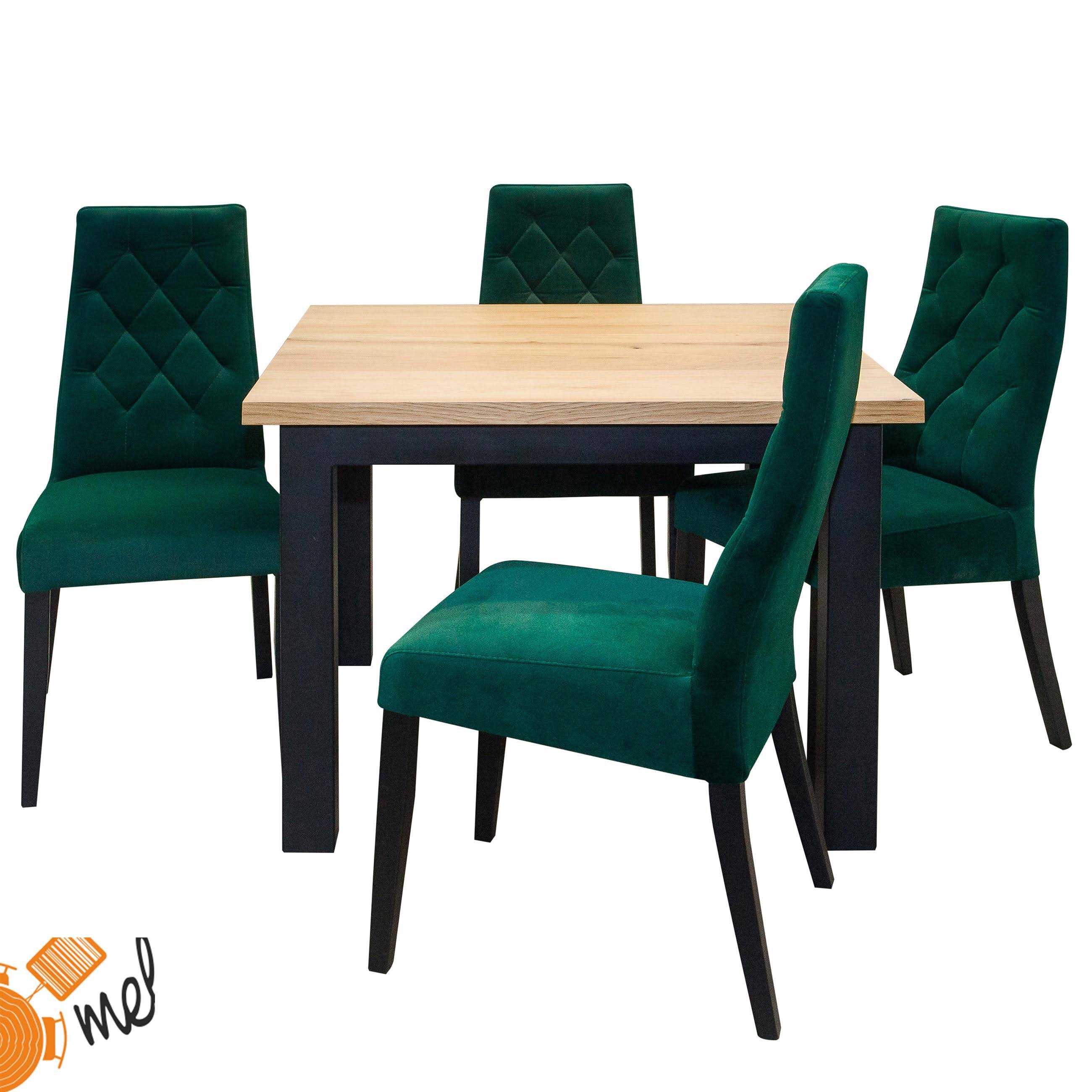 Stół kwadratowy z krzesłami tapicerowanymi czarne nogi