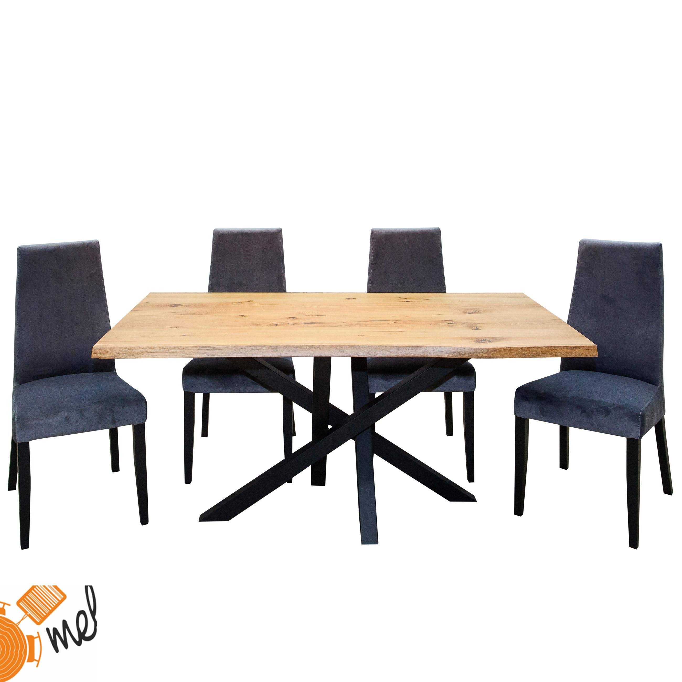 Stół Pająk mijany lite drewno metalowe nogi z krzesłami tapicerowanymi szary welur