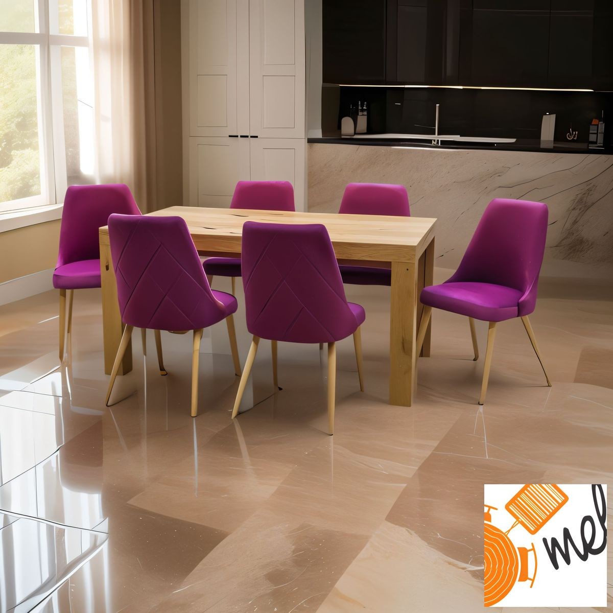 Dębowy stół 8 nóg z krzesłami tapicerowanymi różowy welur