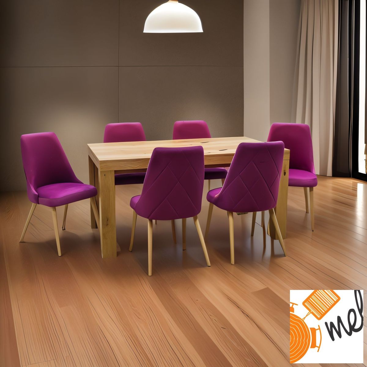 Dębowy stół 8 nóg z krzesłami tapicerowanymi różowy welur