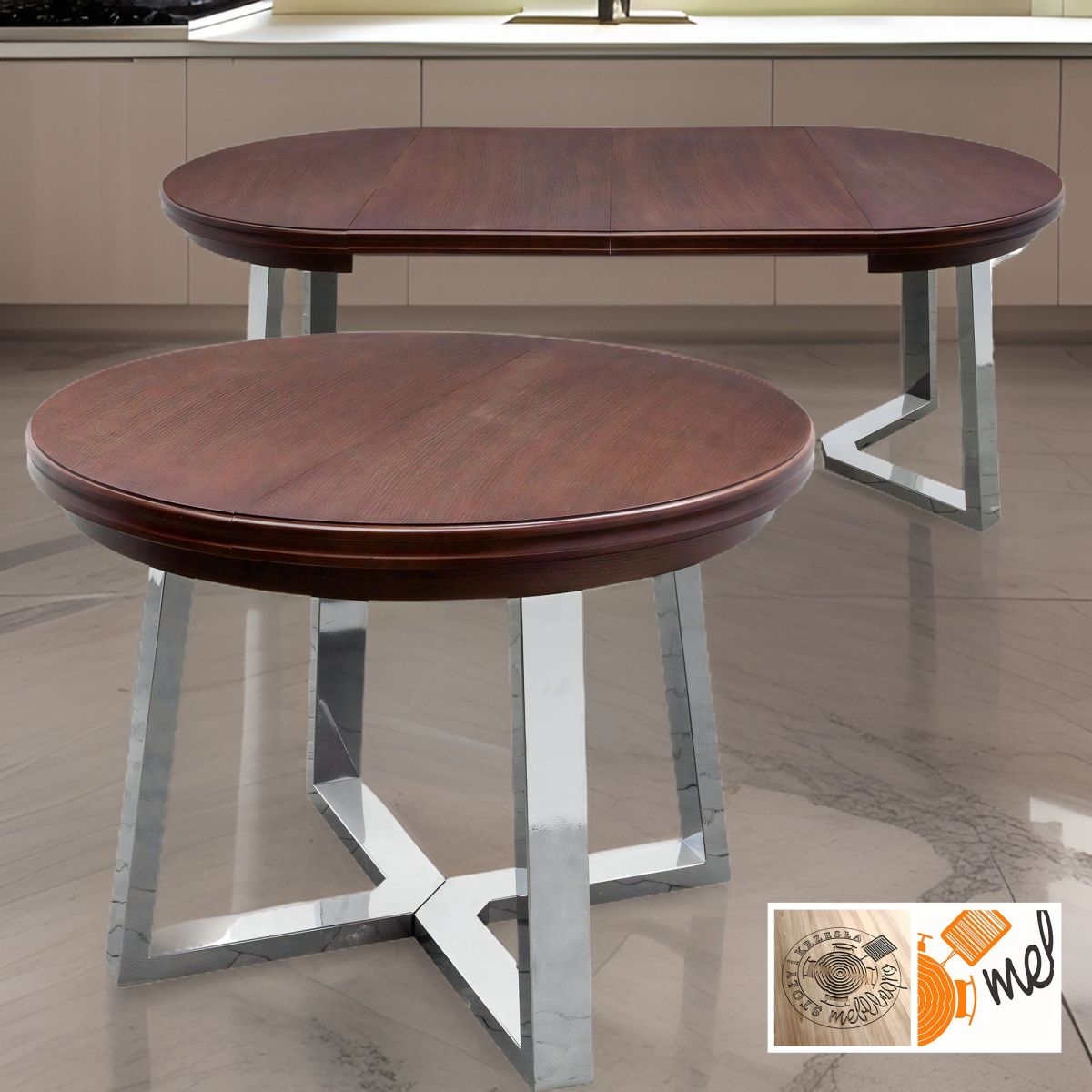 Stół rozkładany okrągły loftowy do jadalni – chromowana noga model S34 - obrazek 2