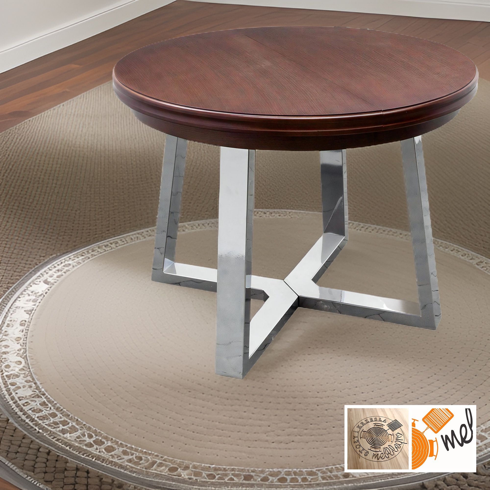 Stół rozkładany okrągły loftowy do jadalni – chromowana noga model S34 - obrazek 3
