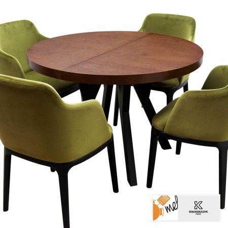 Okrągły stół rozkładany i krzesła z podłokietnikami