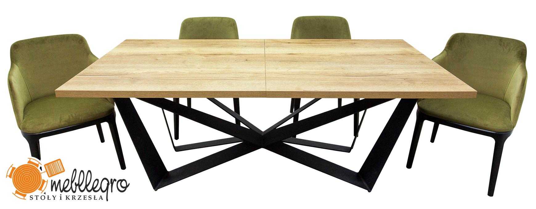 Stół rozkładany industrialny i krzesła tapicerowane z podłokietnikami