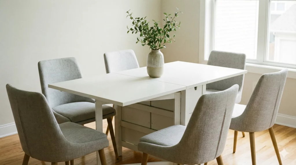 biały stół rozkładany z krzesłami