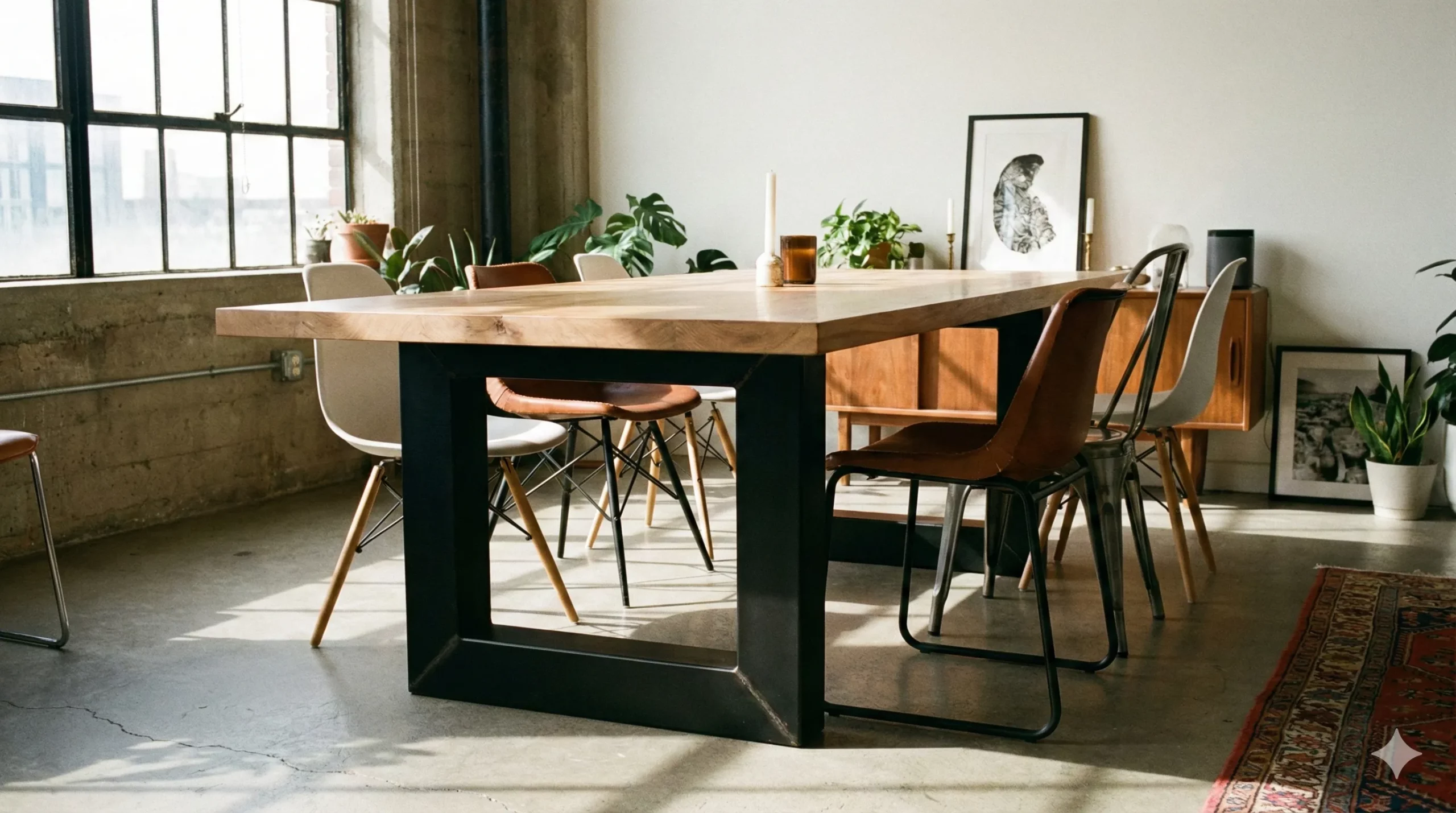 stół z metalowymi nogami